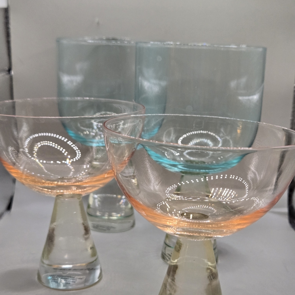 Anthropologie Romona Glasses, Set of 2 Peach Coups And 2 Blue Wine
